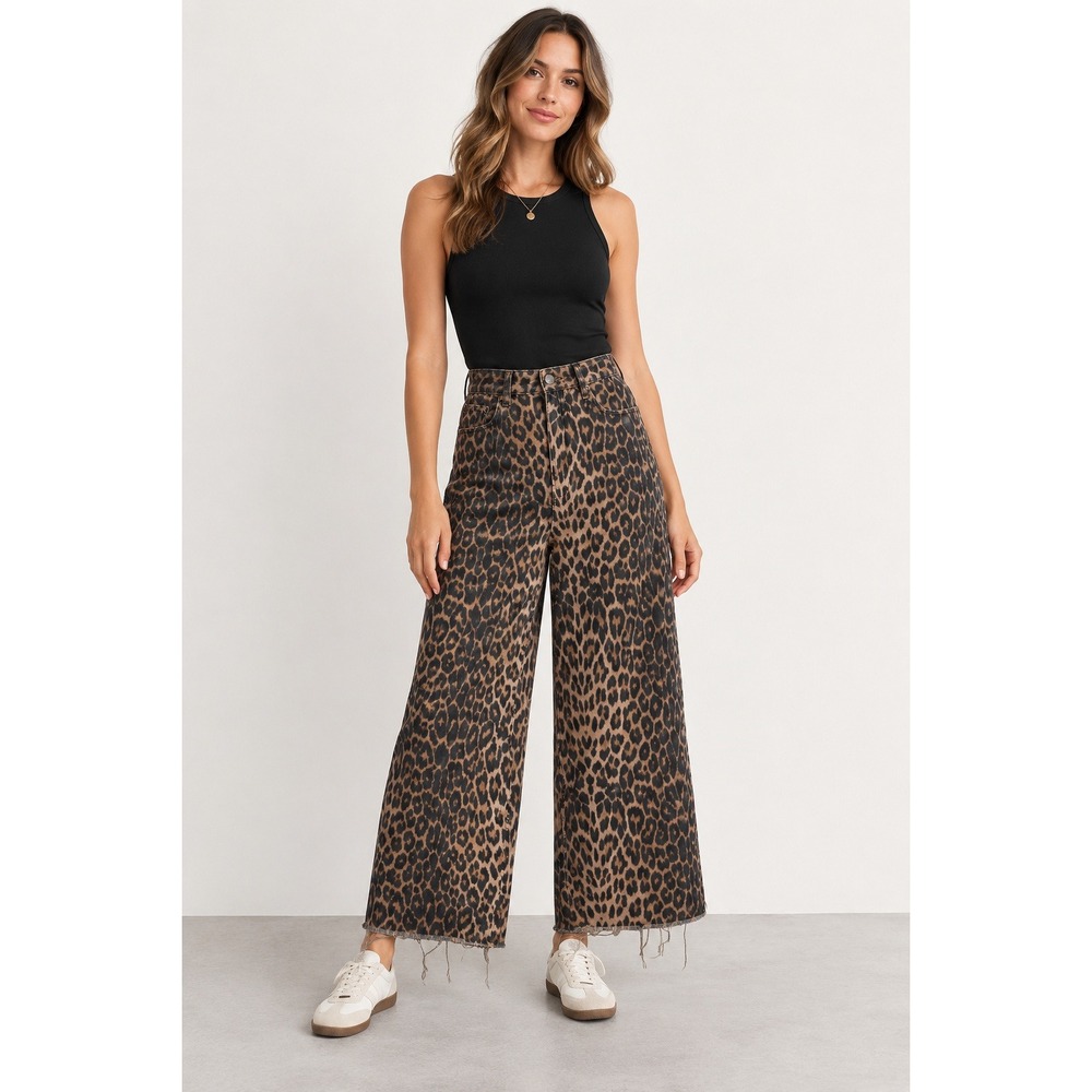 Zara Leopard Print Jeans Women 00 Brown High Rise Wide Leg Raw Hem Denim